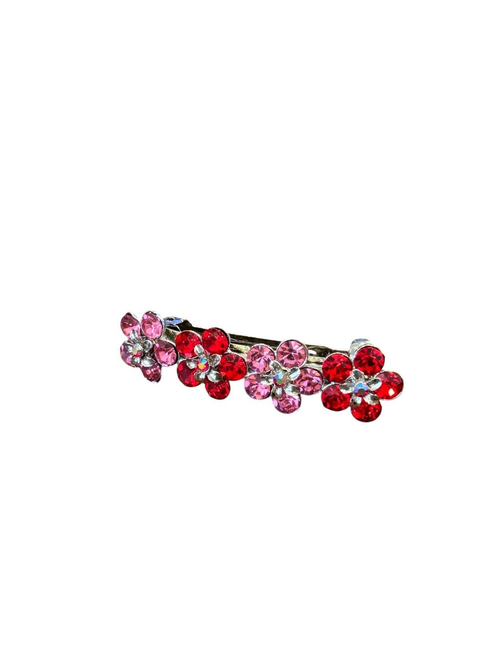 Vintage Rhinestone Floral Barrette Red Pink Crystal Hair Clip Silver Tone Flower